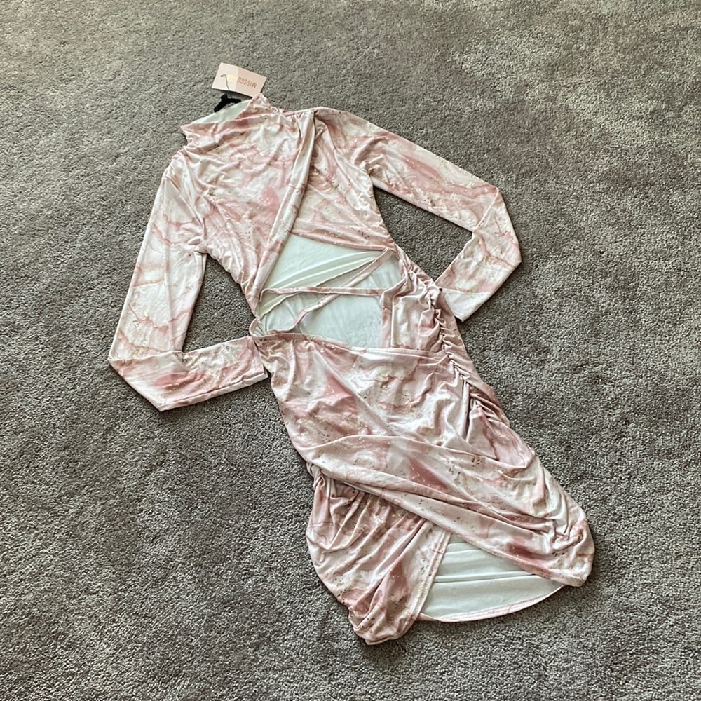 Missguided Pink Marble Cutout Ruched Mini Dress Long Sleeve Bodycon SIZE 6